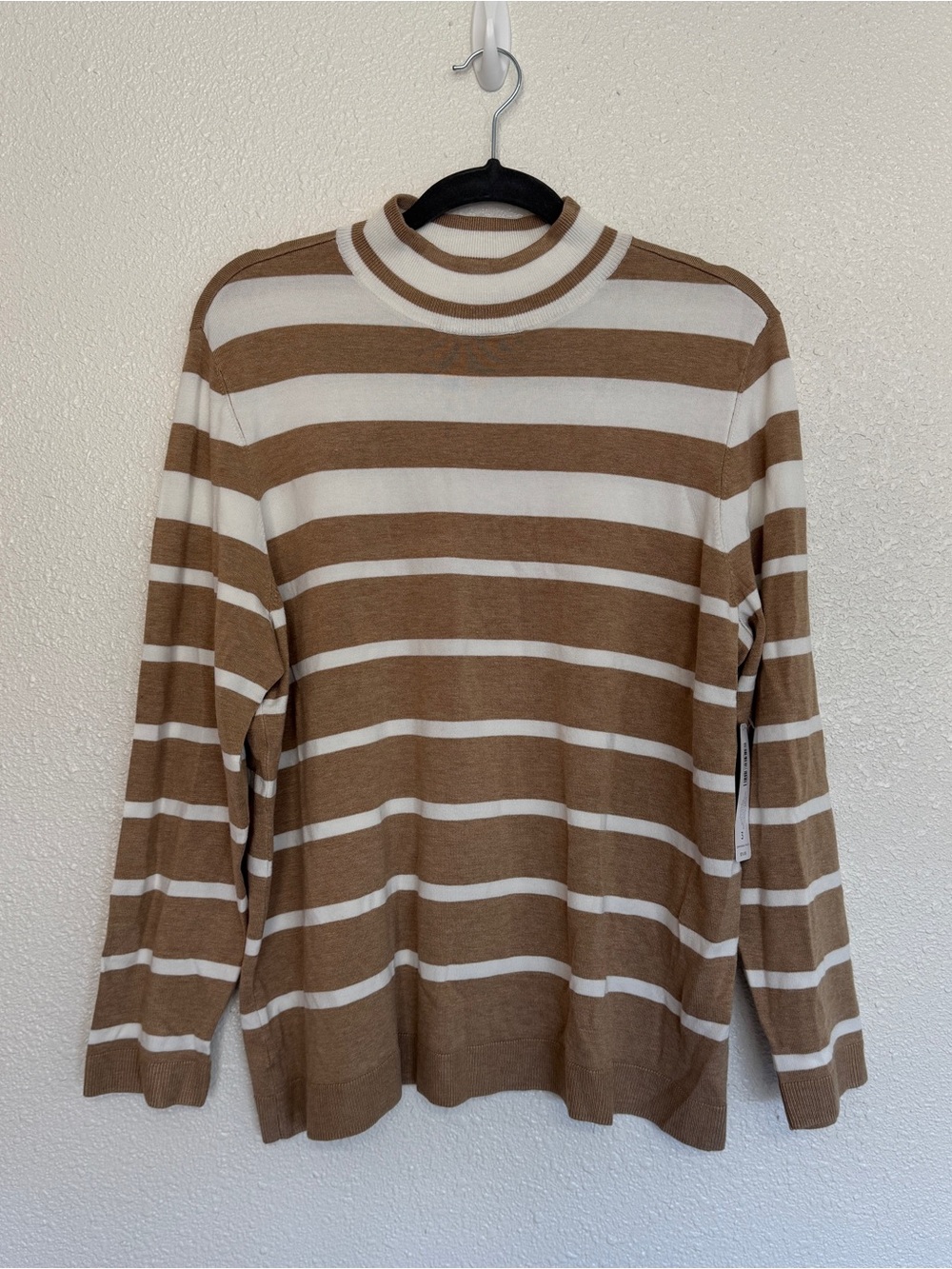 Chicos New Size 3 XL Striped Mock Neck Sweater Tan and White Preppy Quiet Luxury